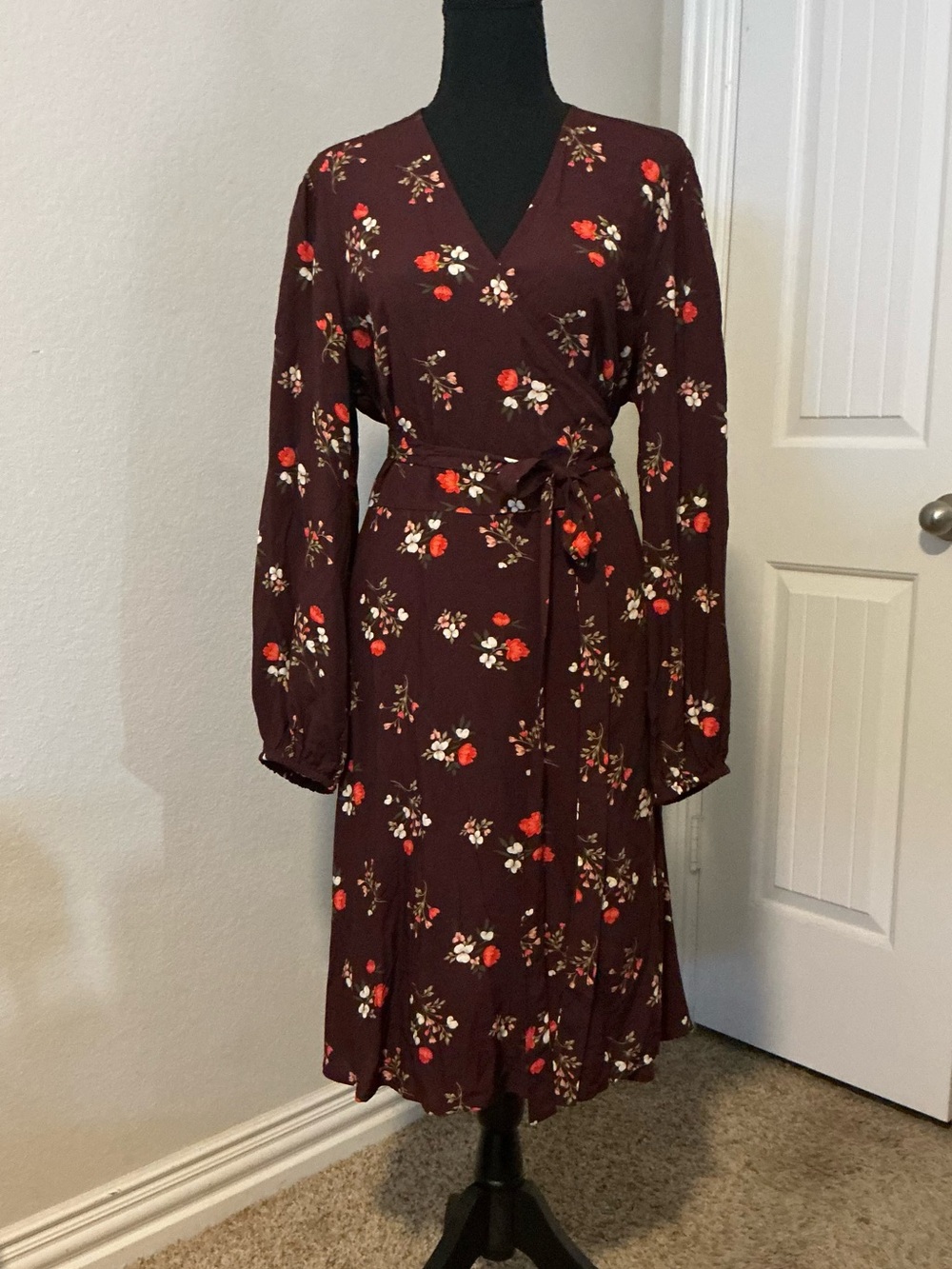 Old Navy Burgundy Floral Wrap Dress with Red & Cream Blooms